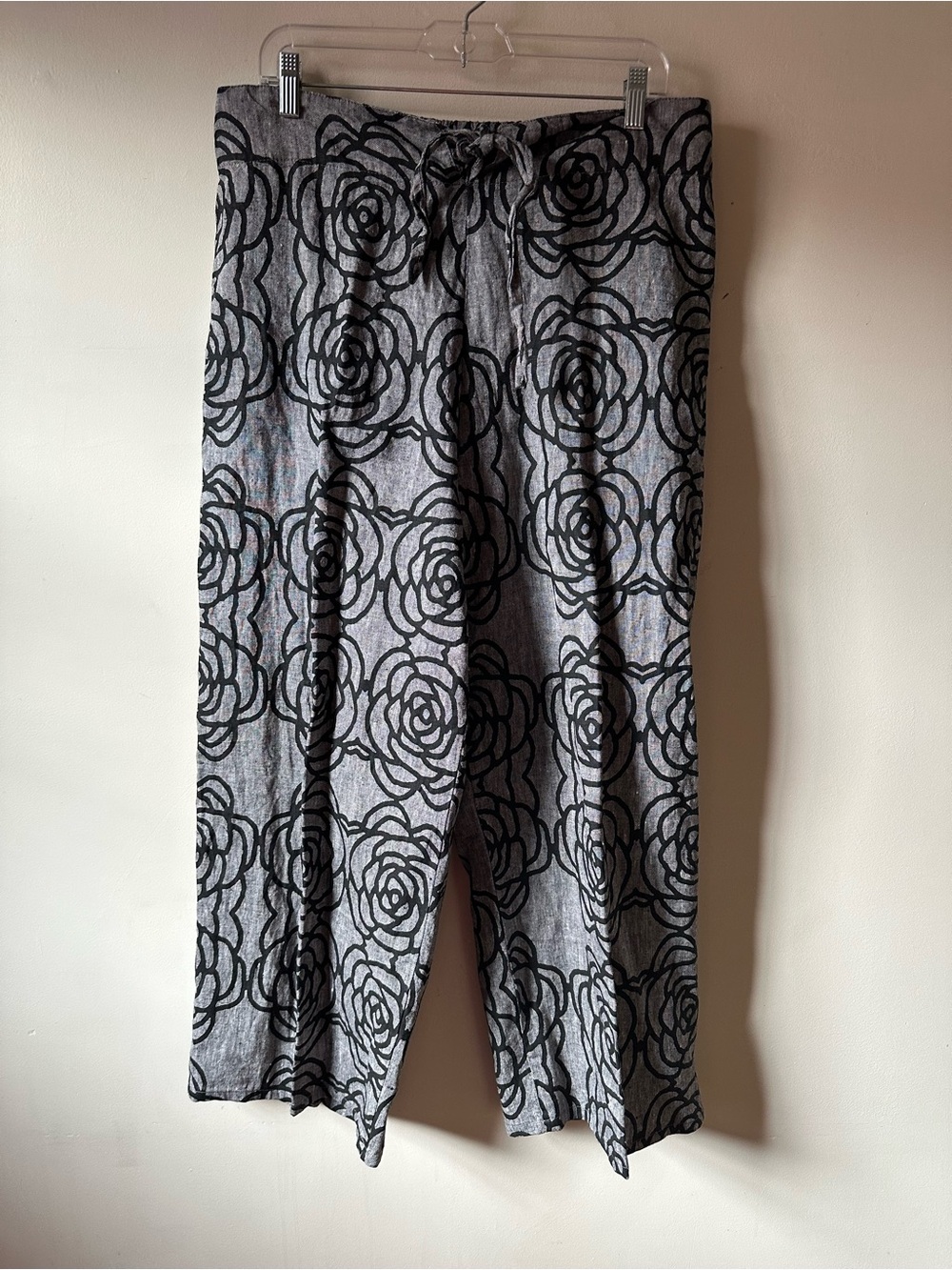 Flax Linen Floral Rose Pants Gray Large Boho